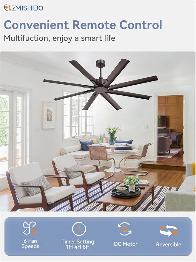 ZMISHIBO 65 Inch No Light, Large Industrial Ceiling Fan with 8 Aluminium Blades, Quiet DC Motor, 6 Speeds, Modern Ceiling Fan without Light for Garage/shop/living room,Oil-bronze