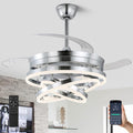 42 Inch Retractable Ceiling Fan, Modern Chandelier Ceiling Fan with Light,DC Motor, Dimmable,3 Color, 6 Wind Speed for Bedroom, Living Room and Dining Room, Silver