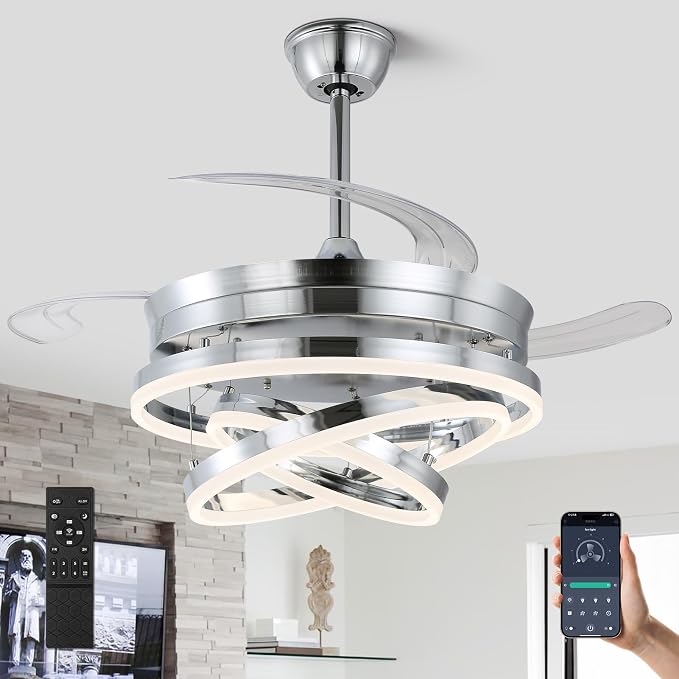 42 Inch Retractable Ceiling Fan, Modern Chandelier Ceiling Fan with Light,DC Motor, Dimmable,3 Color, 6 Wind Speed for Bedroom, Living Room and Dining Room, Silver