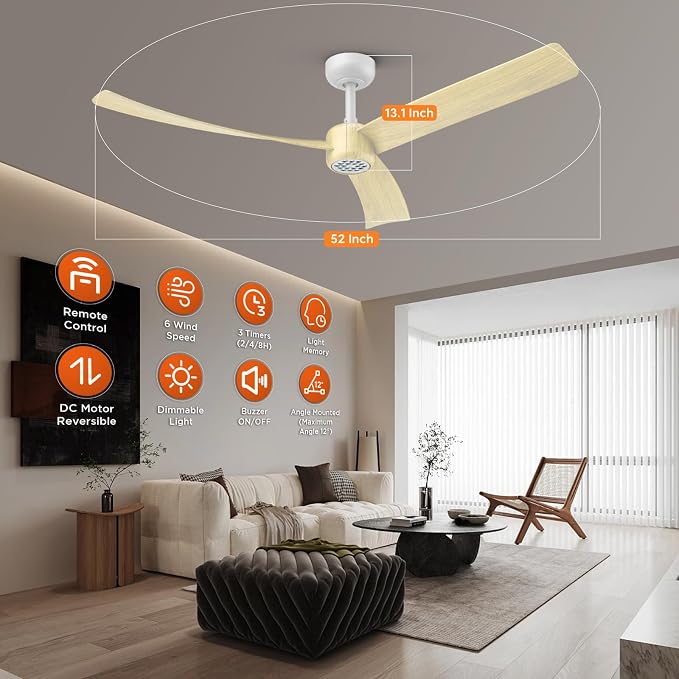 TALOYA 52 Inch Ceiling Fans with Lights Led Remote Control Flush Mount Low Profile for Living Room Bedroom Outdoor Patio,DC Motor,Reversible,Dimmable,Buzzer ON/Off,3 Blades,Oak