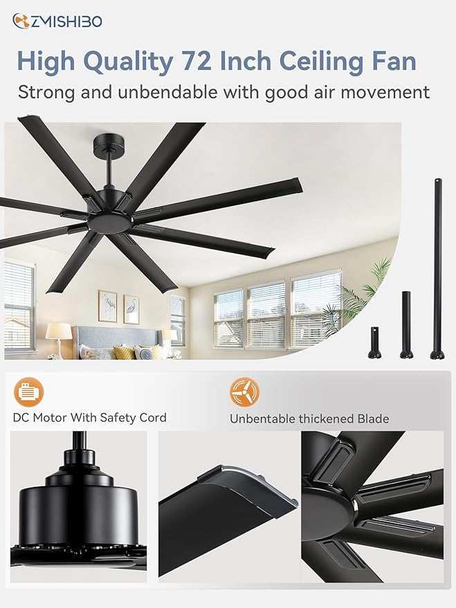 ZMISHIBO 72 Inch Ceiling Fan No Light, Large Black Ceiling Fan with Remote, Quiet DC Motor, and 6 Speeds, Indoor/Outdoor Industrial Ceiling Fans 8 Aluminum Blades for Patio, Garage, Shop, Black