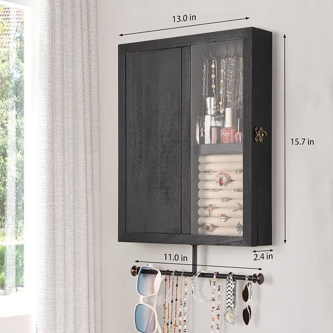 Keebofly Wall Mounted Jewelry Organizer With Rustic Wood Large Space Jewelry Cabinet, Holder, Storage Box for Necklaces, Earrings, Bracelets, Ring Holder, and Accessories Black