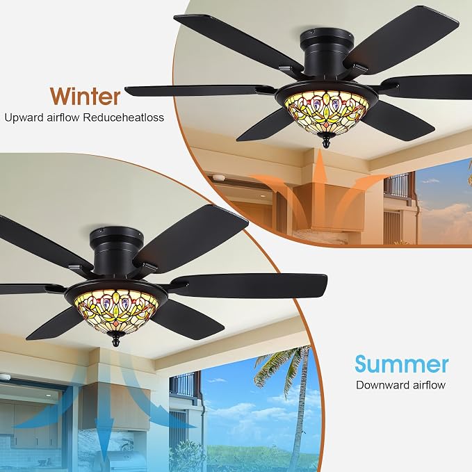 Tiffany Ceiling Fans with Lights - 52" Ceiling Fan Chandelier with Stained Glass Shade, 6 Speeds Reversible 6 Dual-Blades, Flush Mount, 3 CCT Dimmable LED Lights, Remote & APP Control, Vintage Style