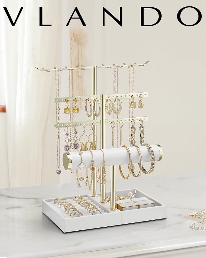 VLANDO 3 Tier Jewelry Stand Organizer with Tary, Leather Jewelry Holder Display for Women, Gold Jewlery Holder Display for Necklace, Earring, Bracelet, Rings - White