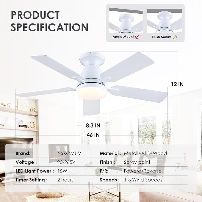 46 Inch Ceiling Fans with Lights and Remote, Flush Mount, White | Low Profile, Dimmable LED, Reversible, Quiet DC Motor, Wooden Blades, for Modern Apartment Bedroom Home Office Living Room