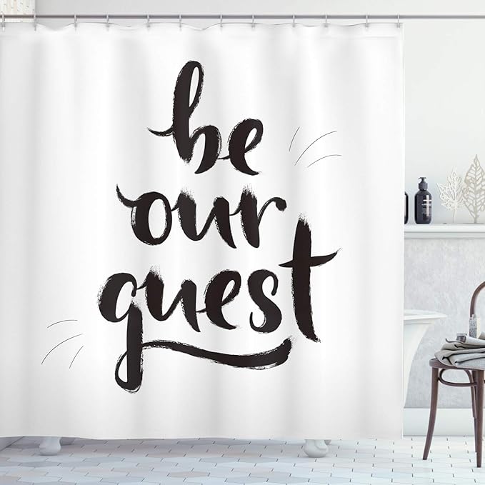 Ambesonne Be Our Guest Shower Curtain, Ink Brush Painting Style Calligraphic Words in Hand Written Print, Cloth Fabric Bathroom Decor Set with Hooks, 69" W x 75" L, White and Charcoal Grey