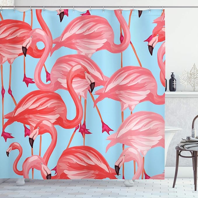 Ambesonne Flamingo Shower Curtain, Tropical Birds Pattern Flamingos Colorful Exotic Animal Nature Artwork, Cloth Fabric Bathroom Decor Set with Hooks, 69" W x 75" L, Blue Coral