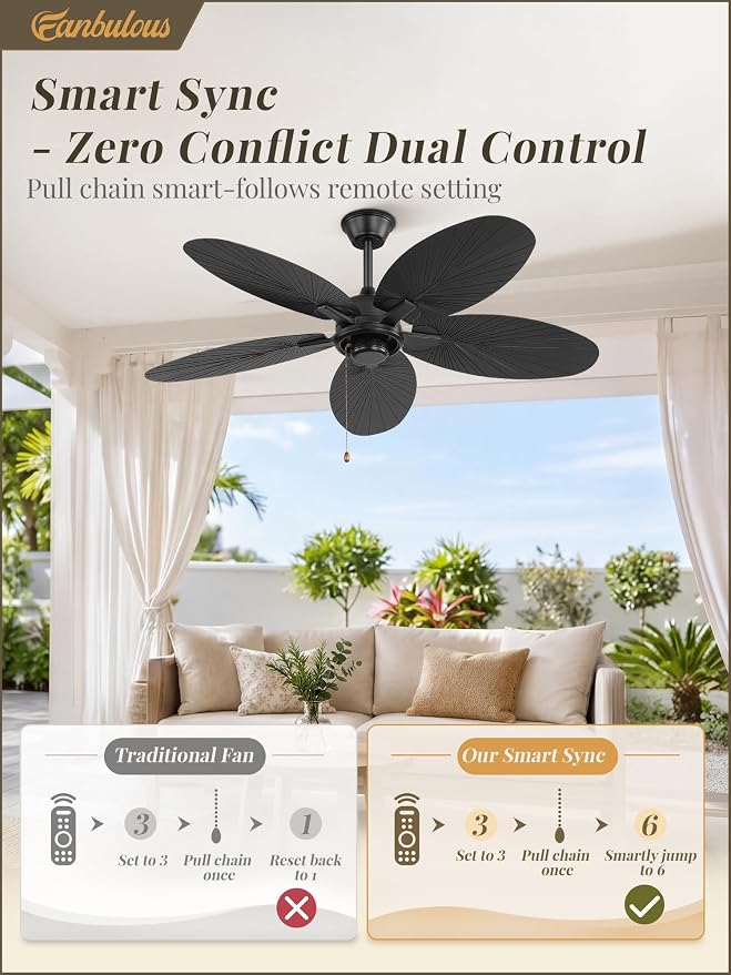 Fanbulous 52 Inch Ceiling Fan No Light, Remote & Pull Chain Tropical Fan With 6 Speeds, 3 Timers, DC Quiet Motor, 5 Palm Blade for Bedroom Living Room Covered Outdoor Patio Porch, Damp Rated, Black