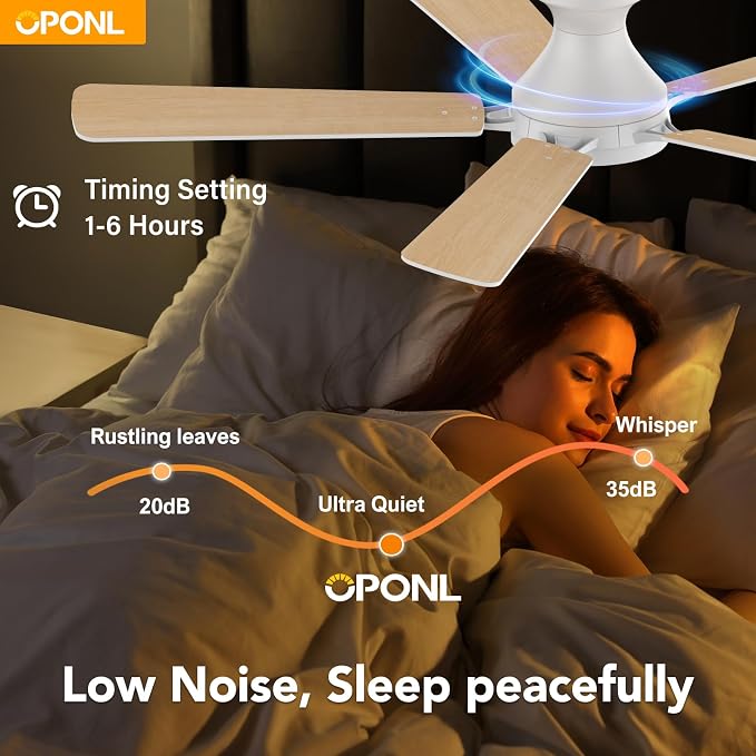 OPONL Ceiling Fan with Light, 52 inch Low Profile Ceiling fan with Light and Remote Control, Reversible, 6CCT, Dimmable, Noiseless, White Ceiling Fan for Bedroom, Indoor/Outdoor Use, Modern