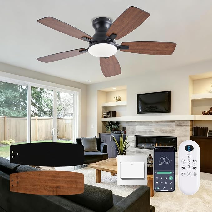 NKPU Ceiling Fans with Lights, Low Profile Ceiling Fan with Light and Remote/APP Control, DC Motor, Noiseless, Flush Mount, 42inch Brown Ceiling Fan for Bedroom Indoor/Outdoor Use