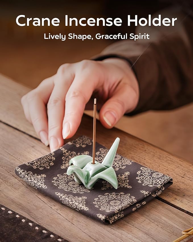 Japanese Origami Crane Incense Stick Holder - Handmade Ceramic Zen Desk Decor for Home, Office, Meditation & Yoga Space