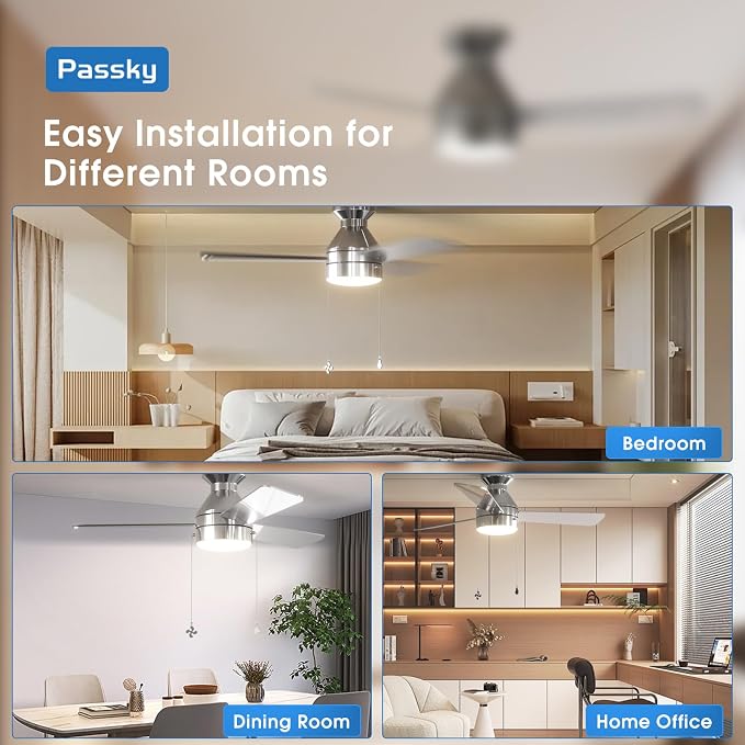 Passky Ceiling Fans with Lights, 42 inch Low Profile Ceiling Fan with Pull Chain and Remote Control, Flush Mount, Reversible, 5CCT, Dimmable, Noiseless, Nickel Pull Cord Ceiling Fan for Bedroom
