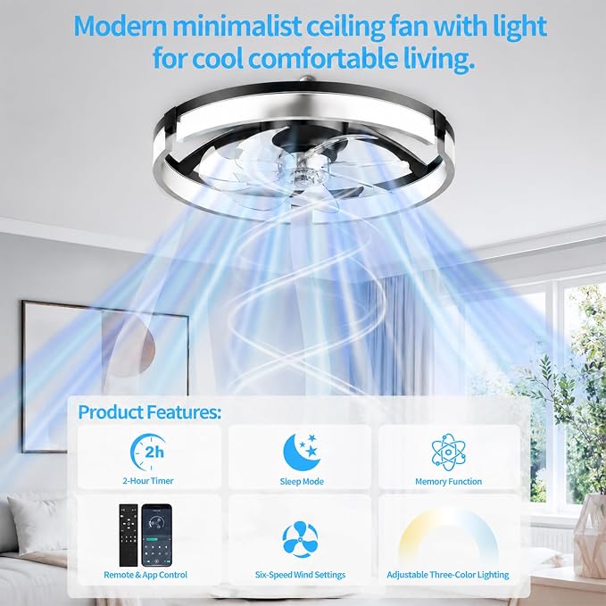 Ceiling Fans with Lights and Remote, 20'' Low Profile Ceiling Fan, 1-6 Wind Speeds, 3000-6500K Dimmable Flush Mount LED Fan Light, Modern Fandelier Ceiling Fans for Bedroom
