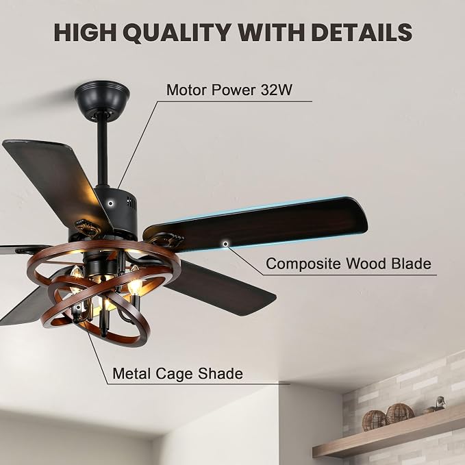 Dawn Whisper 52 Inch Farmhouse Ceiling Fans with Lights Modern Black Rustic Chandeleir Ceiling Fan for Living Room Bedroom Reversible DC Motor 6 Speeds