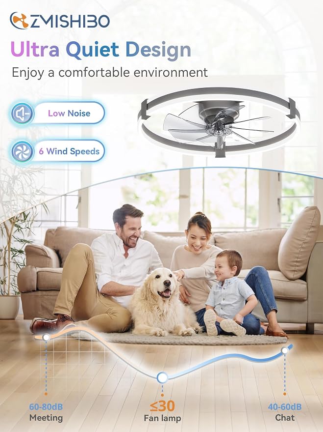 ZMISHIBO RGB Ceiling Fans with Lights and Remote, 23 inch Low Profile Ceiling Fan with Light, 3000K-6000K Dimmable & RGB, Modern Fandelier Flush Mount Ceiling Fan, Small LED Fan for Bedroom,Grey