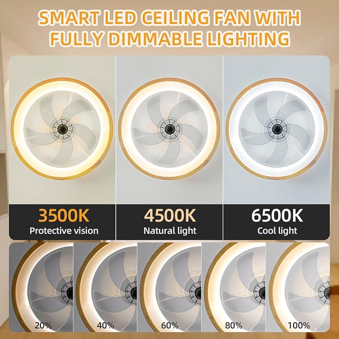 Low Profile Ceiling Fans with Lights and Remote 20” Modern Flush Mount Small Ceiling Fan Lights Wood Smart Fandelier for Bedroom Transparency Gray