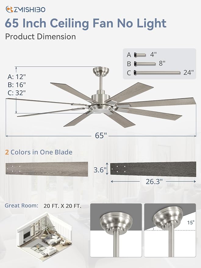 65 Inch Brushed Nickel Modern Ceiling Fan No Light with Remote, Outdoor Ceiling Fans Without Light with Quiet Reversible DC Motor, 6 Speeds, 8 Blades Large Ceiling Fan for Patios, Living Room, Garage
