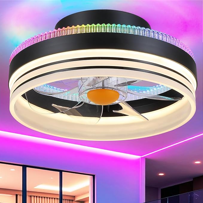 Mpayel RGB Ceiling Fans with Lights, 13" Low Profile Ceiling Fan with Light and Remote, 3000-6000K Dimmable Modern Black Flush Mount LED Fan Light for Bedroom, Living Room, Kitchen