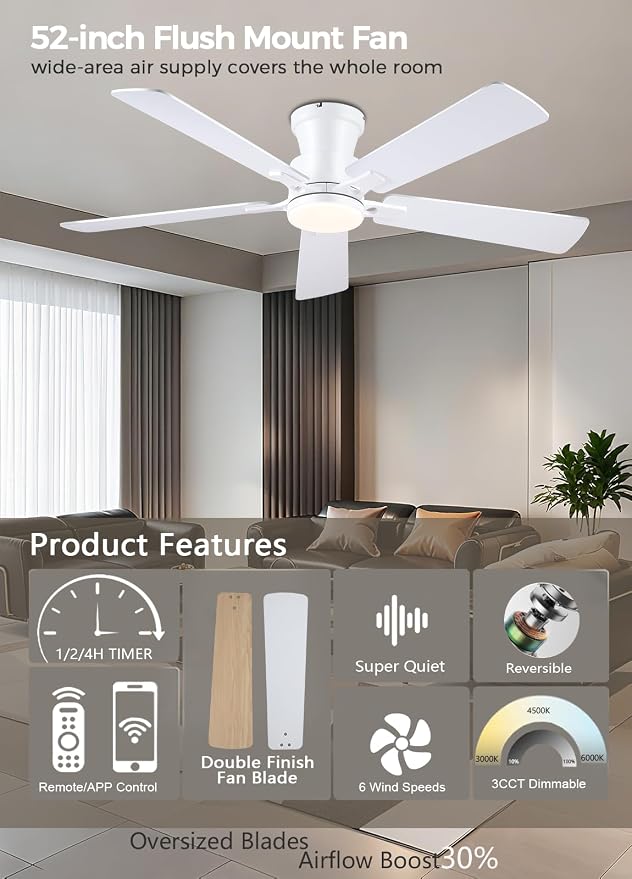 JSAITEE 52" Flush Mount Ceiling Fans with Lights Low Profile White | Modern Fans DC Reversible Motor, 3CCT Dimmable, 6 Speeds Fan Light for Indoor Bedroom, Kitchen, White