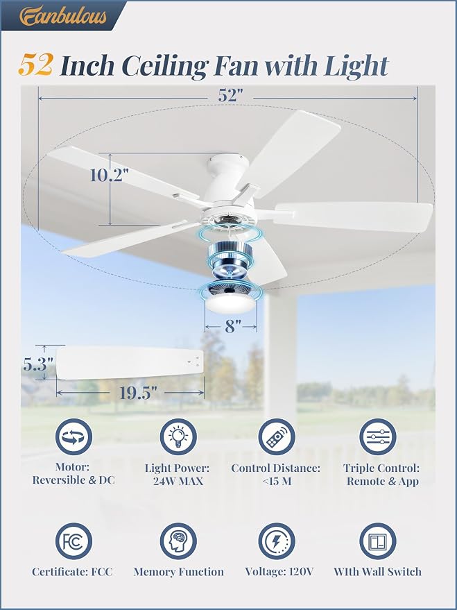 Fanbulous 52 inch Ceiling Fans with Lights, Smart Flush Mount Ceiling Fan and Remote APP, Modern Low Profile, 3CCT 20W LED with 6-Speeds Quiet Reversible Motor for Bedroom, Living Room, Kitchen, White