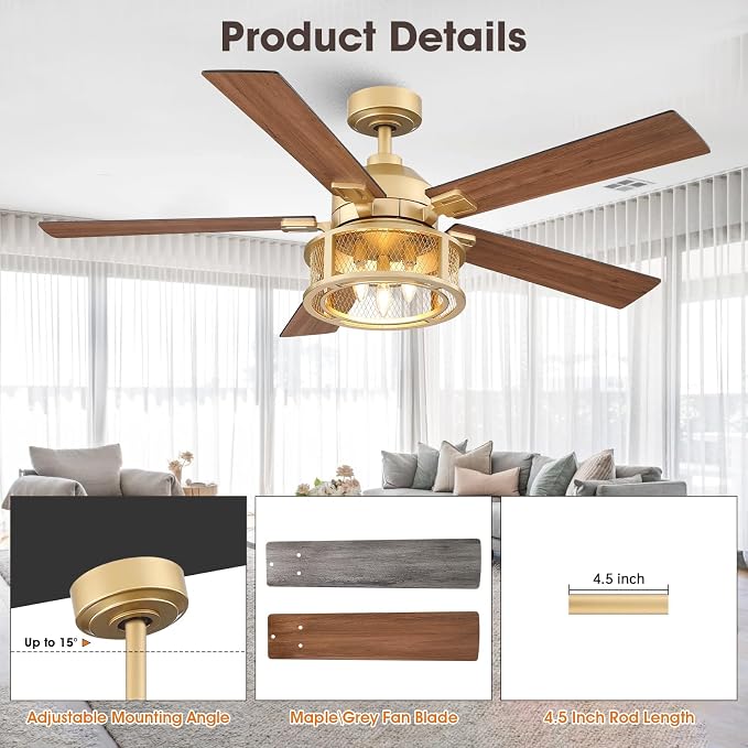 Farmhouse Ceiling Fans with Lights, 52 Inch Ceiling Fan with Remote for Bedroom Living room, Rustic Caged Fandelier with 5 Dual Finish Blades, Reversible Quiet Motor for Indoor/Outdoor, Gold