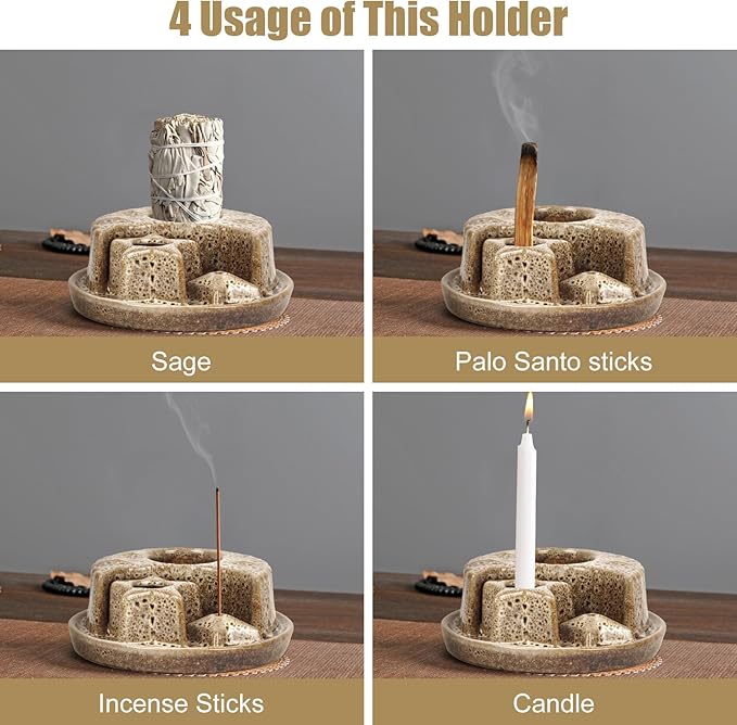 4 in 1 Incense Holder, Palo Santo Holder, Ceramic Incense Burner, Ash Catcher Tray for Meditation Room, Candle Holder for Burning Sage (Speckled Beige)