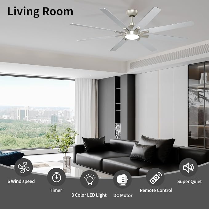 62 Inch Ceiling Fan with Light and Remote Control, Brushed Nickel | 6-Speed Quiet Reversible DC Motor, 3CCT Dimmable 24W LED Light,8 Wood Blades,Used for Living Room, Office,Covered Patio