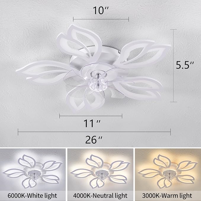 Dalouguan Ceiling Fan with Lights Remote Control, 26" White Modern Leaf 6 Speeds 3 Light Color Low Profile Flush Mount Ceiling Fan for Kitchen Bedroom