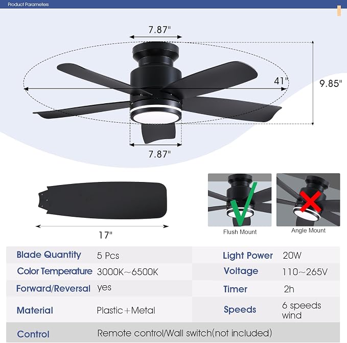 Wiviniya Ceiling Fans with Lights and Remote Control, 41 inch Low Profile Flush Mount Ceiling Fan, 3 CCT LED Dimmable Lights 5 Reversible Plastic Blades 6 Speeds for Bedroom Living Room, Black