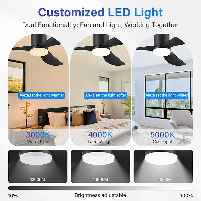 42 Inch Smart Ceiling Fans with Lights Remote,Low Profile Ceiling Fan Control via WIFI Alexa App,Modern Flush Mount Fans for Small Bedroom,Patio,Porch,Outdoor Indoor,Matte Black,Dimmable,Ultra-quiet