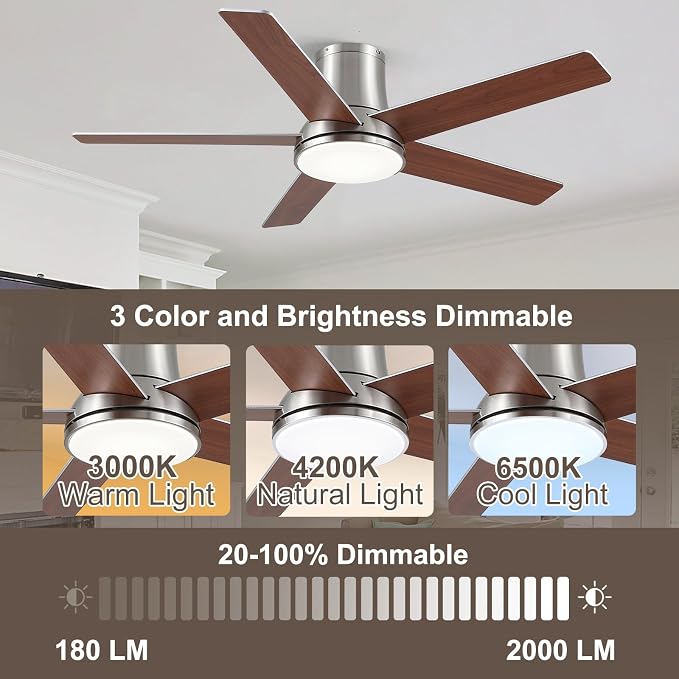 52 Inch Pro Flush Mount Ceiling Fans with Lights and Remote | 3CCT Dimmable LED, 6 Speed, Quiet DC Motor, 3-Level Timer Function, Forward/Reserve For all Seasons, Indoor/Covered Outdoor