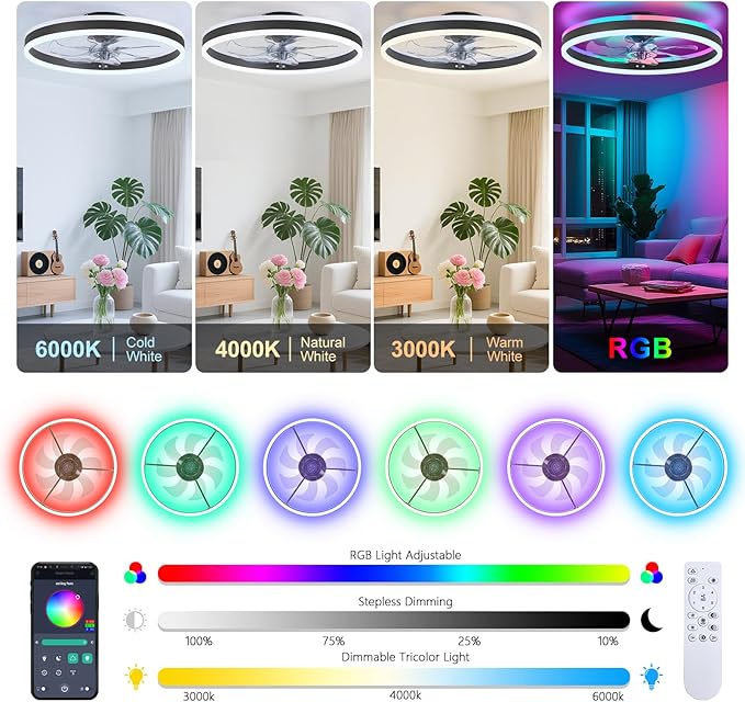 STERREN RGB Ceiling Fan with Light, 20'' Low Profile Ceiling Fans, Black Flush Mount LED Fan Light with Remote Control, Modern Bladeless Fandelier for Bedroom, Living Room, Kitchen