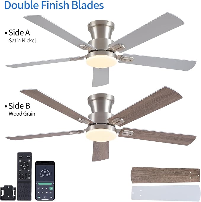 NKPU 52Inch Flush Mount Ceiling Fans with Lights and Remote Control/APP Control, DC Reversible Motor, Noiseless, Dimmable, Low Profile Nickel Ceiling Fan for Bedroom Indoor/Outdoor Use