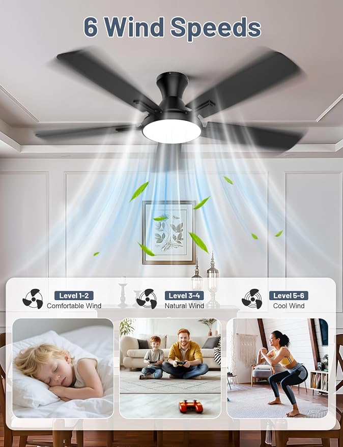 Ceiling Fan with Lights, 52” Ceiling Fan with Light and Remote/APP Control, 2700-6500K CCT Adjustable, Stepless Dimmable, Quiet Reversible Motor, Flush Mount LED Fans Light for Bedroom Living Room