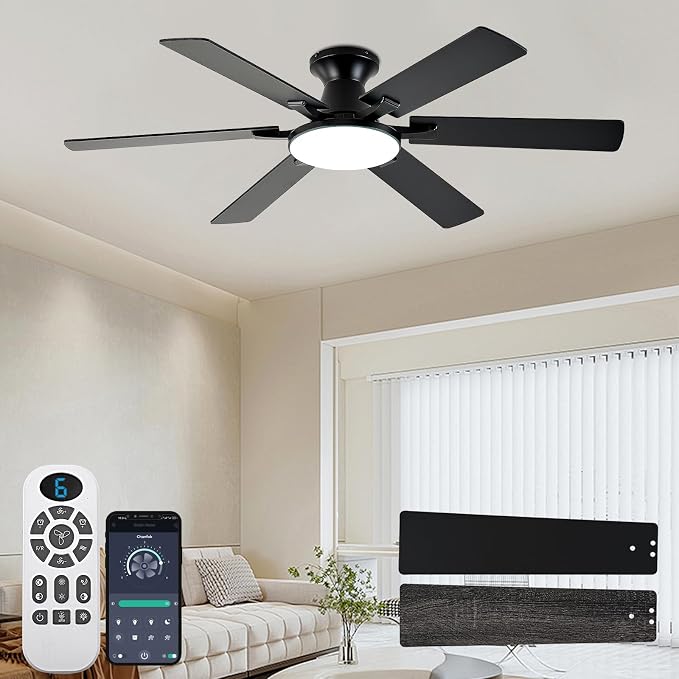 Ceiling Fans with Lights,54 Inch Low Profile Ceiling Fan with Light and Remote Control,6 Speeds/6 Blade,Flush Mount,LED Dimmable DC Reversible Modern, Black Ceiling Fan for Bedroom/Living Room