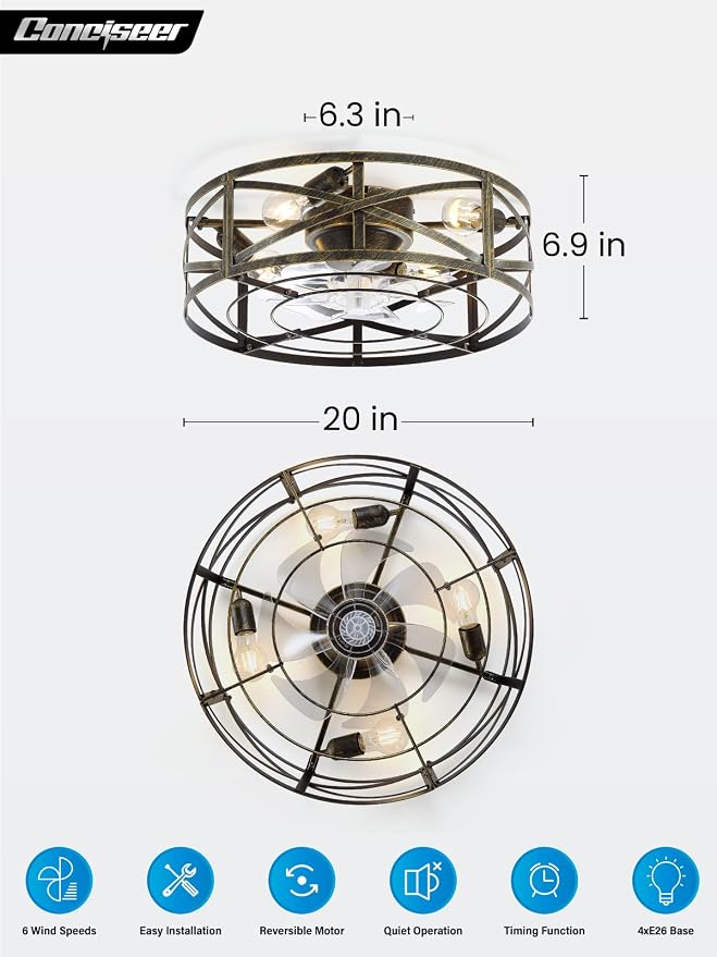 Conciseer 20 Inch Caged Ceiling Fans with Lights and Remote, Flush Mount, Low Profile 7 Blades 6 Speed Reversible Quiet DC Motor for Bedroom, Kitchen and Living Room, Black/Gold Brushed