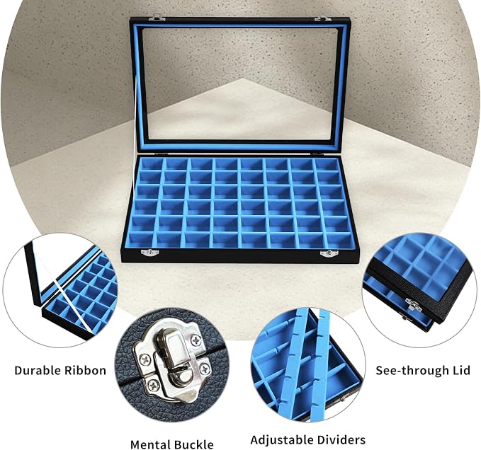 Stratalife 48 Grid Earring Organizer, Jewelry Holder Organizer with Lid | PU Leather Storage Box for Earring, Ring, Studs and Trinkets, Soft Velvet Drawer Organizer for Women, Dustproof, Blue Black