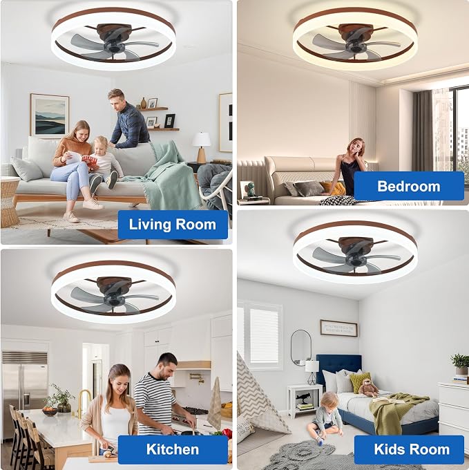 DLLT Bladeless Ceiling Fans with Lights: 24 Inch Modern Flush Mount Low Profile Ceiling Fan with APP Remote Control - Brown Enclosed LED Fandelier Dimmable Quiet DC Motor for Bedroom Living Room