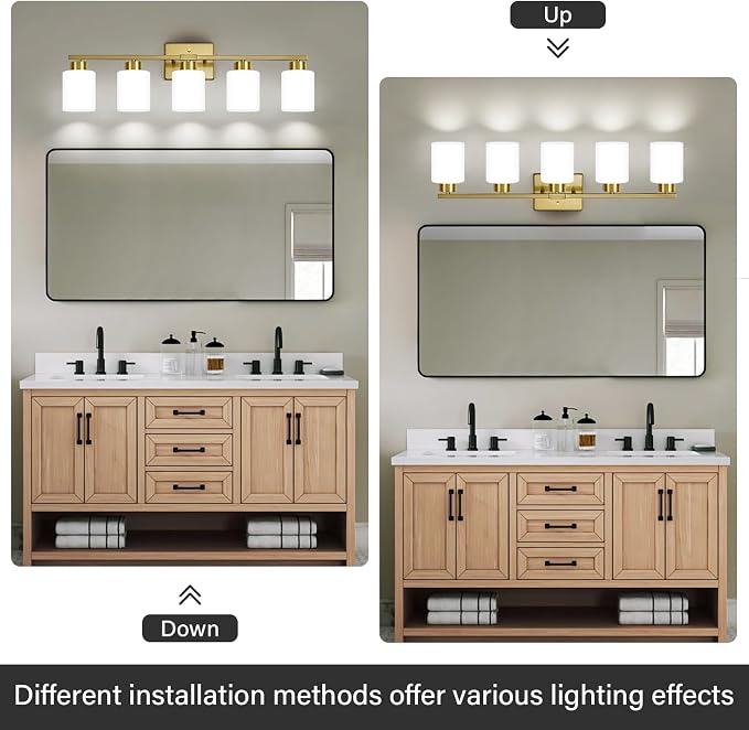 FonmYim Brushed Gold Bathroom Light Fixtures, 5-Light Modern Vanity Light Over Mirror, Wall Sconces with Milky White Frosted Glass Shades, E26 Socket (Bulbs Not Included)