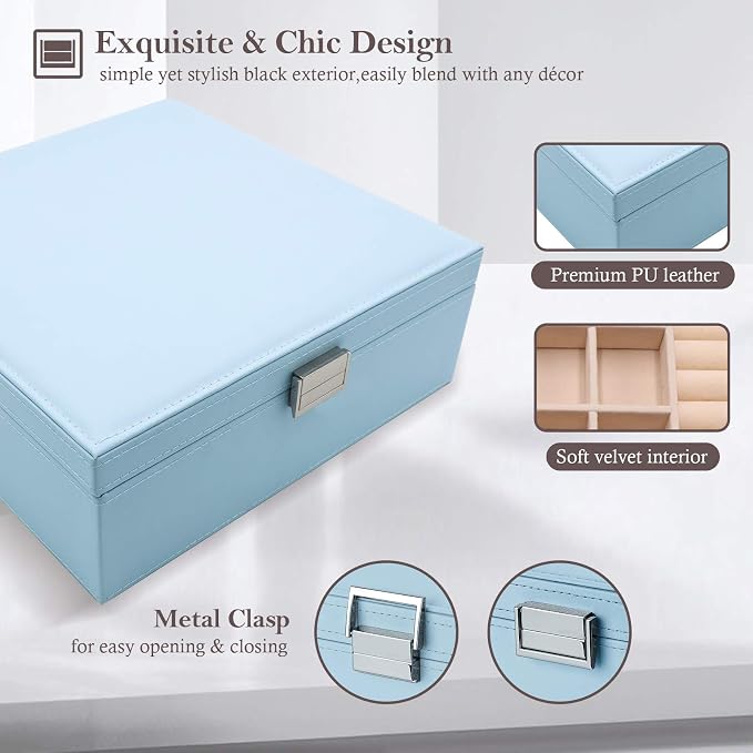 ProCase 2 Layers Jewelry Box for Women -Blue | Large Leather Jewelry Organizer Storage Case with Removable Pad for Earrings