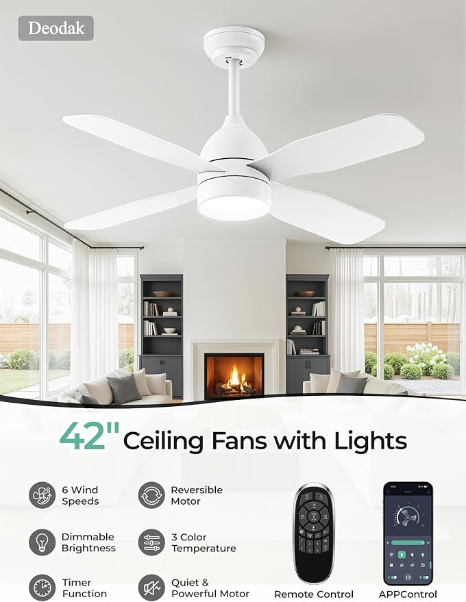 42 Inch Ceiling Fans with Lights: Ceiling Fan with 4 Dual Sided Fan Blades, Remote and App Control, 6 Wind Speed, Reversible DC Motor, 3CCT Dimmable LED, Small White Ceiling Fan for Bedroom