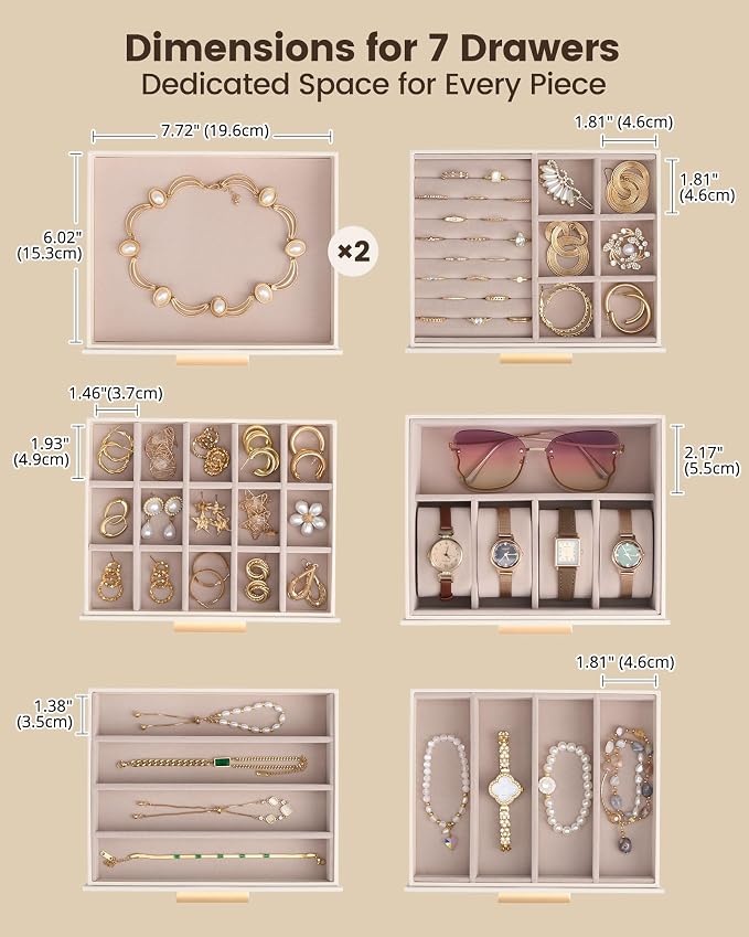 Lolalet Large Jewelry Box Organizer for Women, 8-Layer Jewelry Organizers and Storage Case with Mirror & 7 Drawers, Lockable Watch Ring Earring Bracelet Necklace Holder Girls Gift -8Layer, Beige