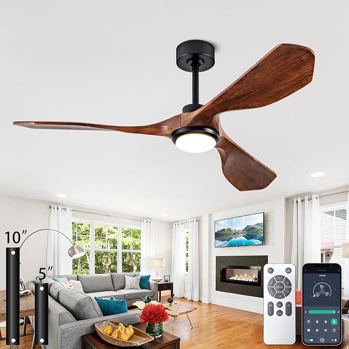 52 Inch Walnut Wood Ceiling Fan with Lights, DC Motor with Remote Control | solid walnut wood blades, dc inverter motor, remote control, dimmable led light, indoor outdoor for patio farmhouse office