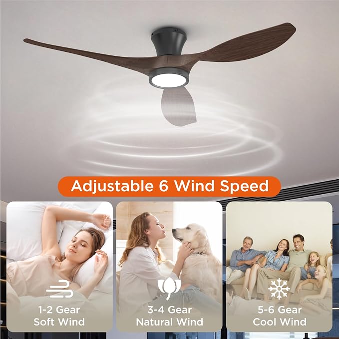 TALOYA 52 Inch Ceiling Fans with Led Lights Remote Control Flush Mount Low Profile for Bedroom Farmhouse Patio Outdoor Living Room Kitchen Dining Room,DC Motor,Reversible,Buzzer ON/Off,Black Walnut