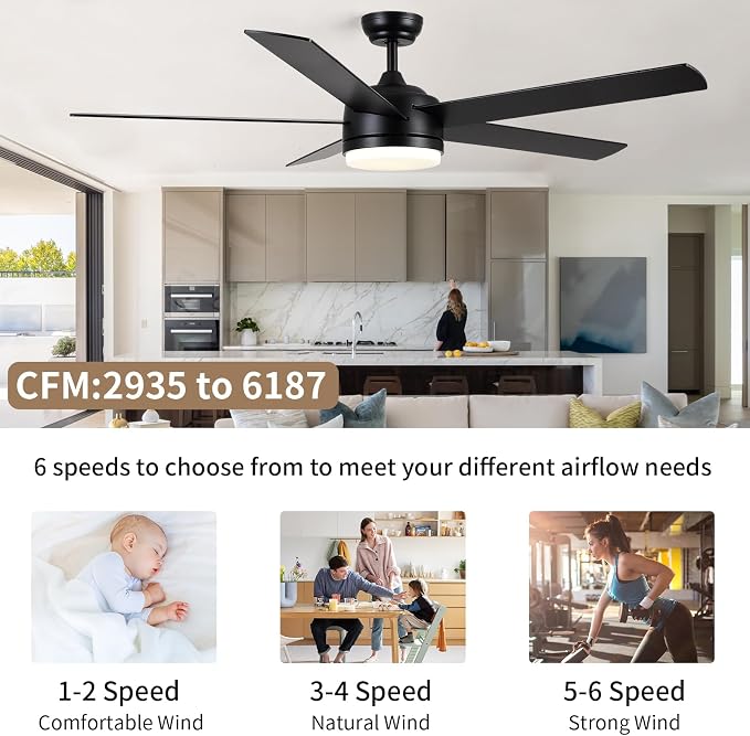 YUHAO 60 Inch Black Ceiling Fan with Light and Remote Control.Noiseless,Dimmable,3CCT,6 Speeds Reversible, DC Ceiling Fans for Indoor or Covered Outdoor Use.ETL Listed