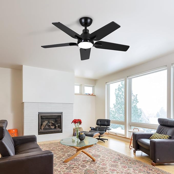 42 Inch Ceiling Fan with Light and Remote Control, Black | 6-Speed Quiet Reversible DC Motor, 3CCT Dimmable 24W LED Light,5 Wood Blades,Used for Bedroom, Living Room, Covered Patio