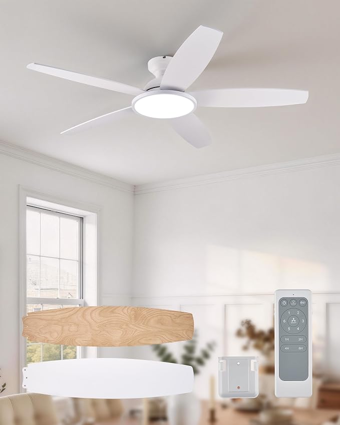 VONLUCE Ceiling Fans with Lights, 52 Inch Ceiling Fan and Remote, Full-spectrum LED Light, 3CCT, 6-Speeds Noiseless Reversible DC Motor, Modern Ceiling Fan for Farmhouse Bedroom Indoor, White