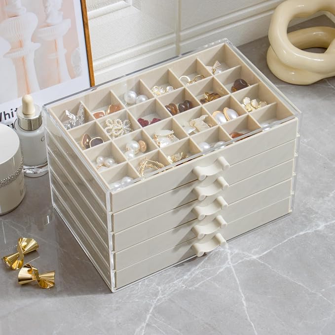YUFONG Earring Storage Box Organizer, Acrylic Jewelry Storage Box Holder 5 Drawers Transparent Jewelry Display Stand with 120 Small Compartments Gift Boxes for Women Girls (Beige)