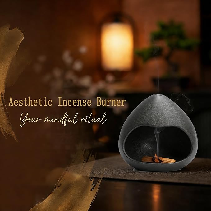Palo Santo Holder Ceramic,Mini Chiminea Cone Incense Burner,Incense Chimney for Palo Santo Sticks,Altar,Sage,and Cone Burning,Yoga Spa Aromatherapy Meditation,Home Decor (Black)