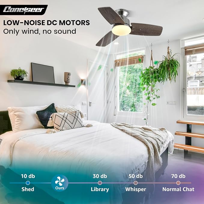 30 Inch Ceiling Fans with Lights and Remote, Bedroom Living Room Office, Flush Mount, 6CCT Dimmable, Dual Color 3 Blades 6 Speed Reversible Quiet DC Motor, Chrome-Plated/Wood Grain